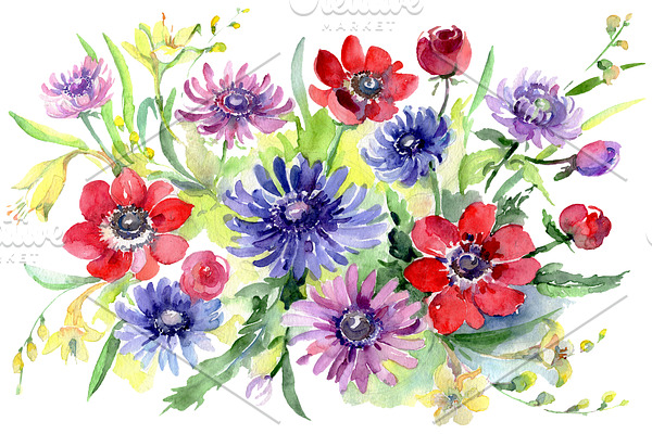 Bouquet of wild flowers Watercolor 