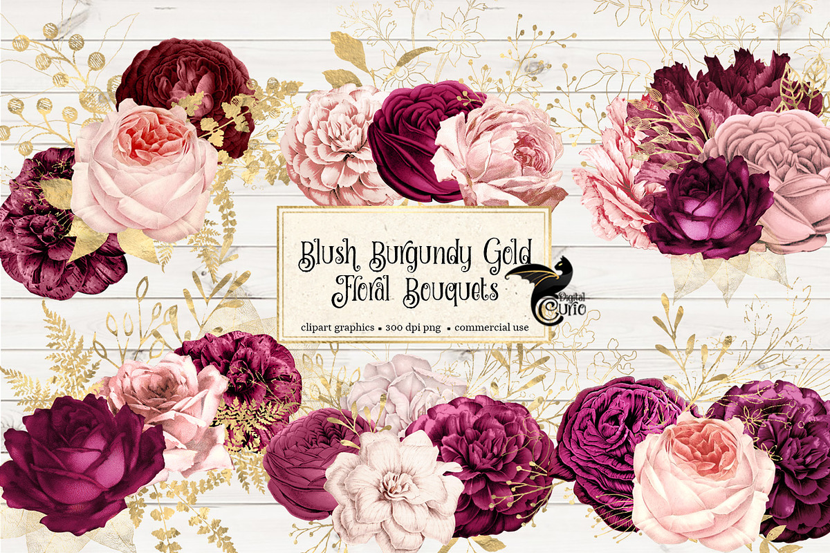 Blush Burgundy Gold Floral Bouquets in Illustrations - product preview 8