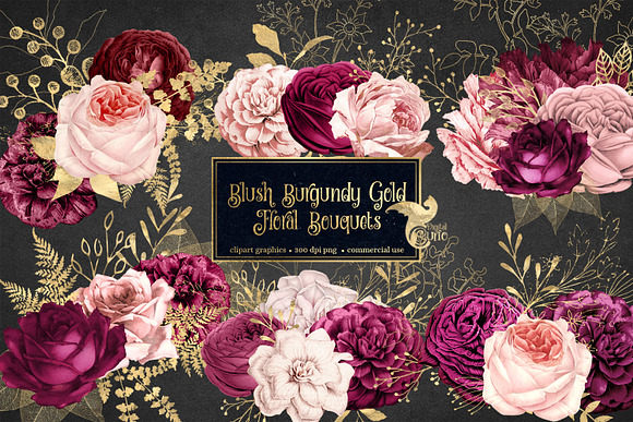 Blush Burgundy Gold Floral Bouquets in Illustrations - product preview 1