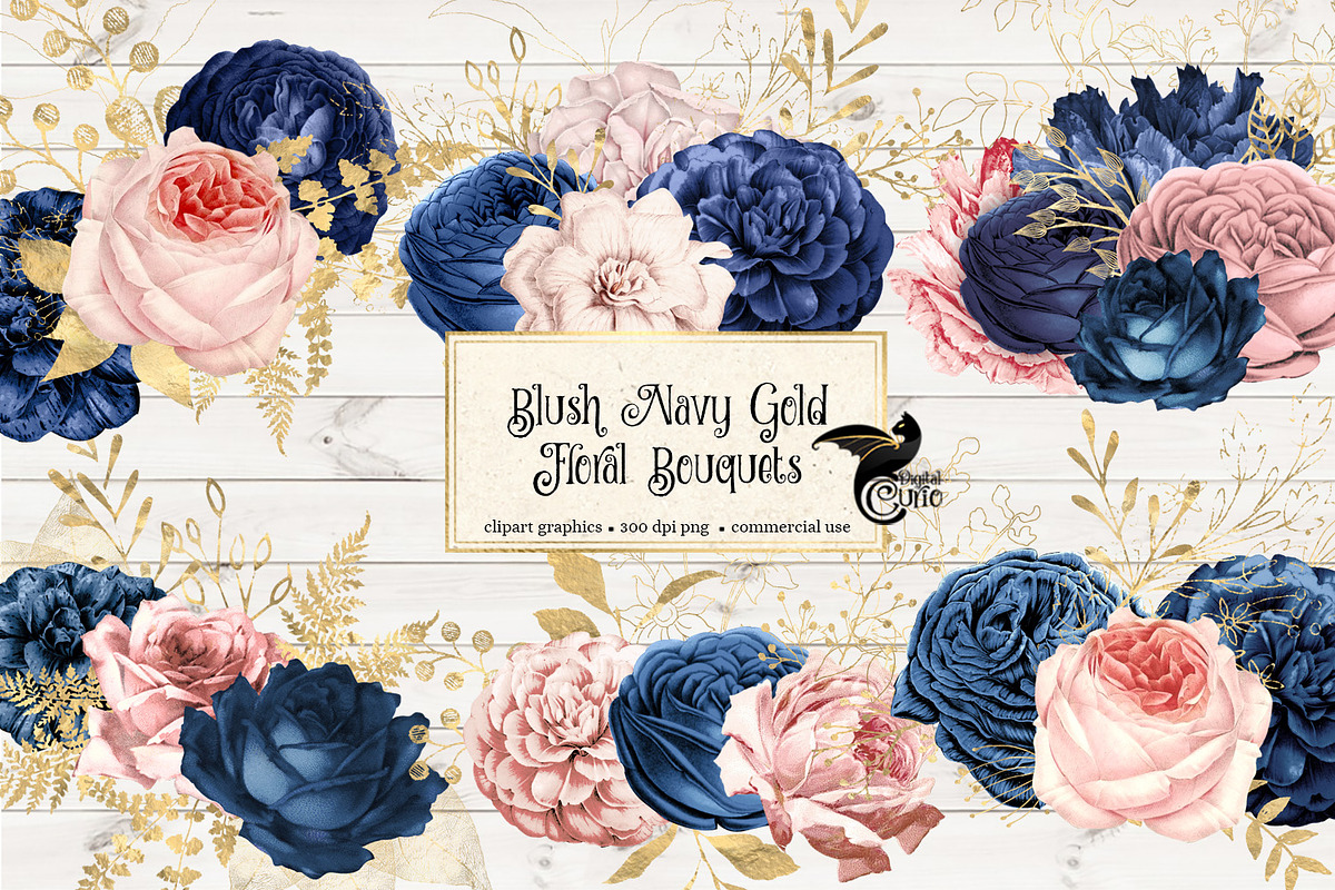Blush Navy and Gold Flowers in Illustrations - product preview 8