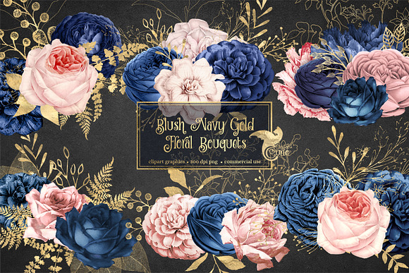Blush Navy and Gold Flowers in Illustrations - product preview 1