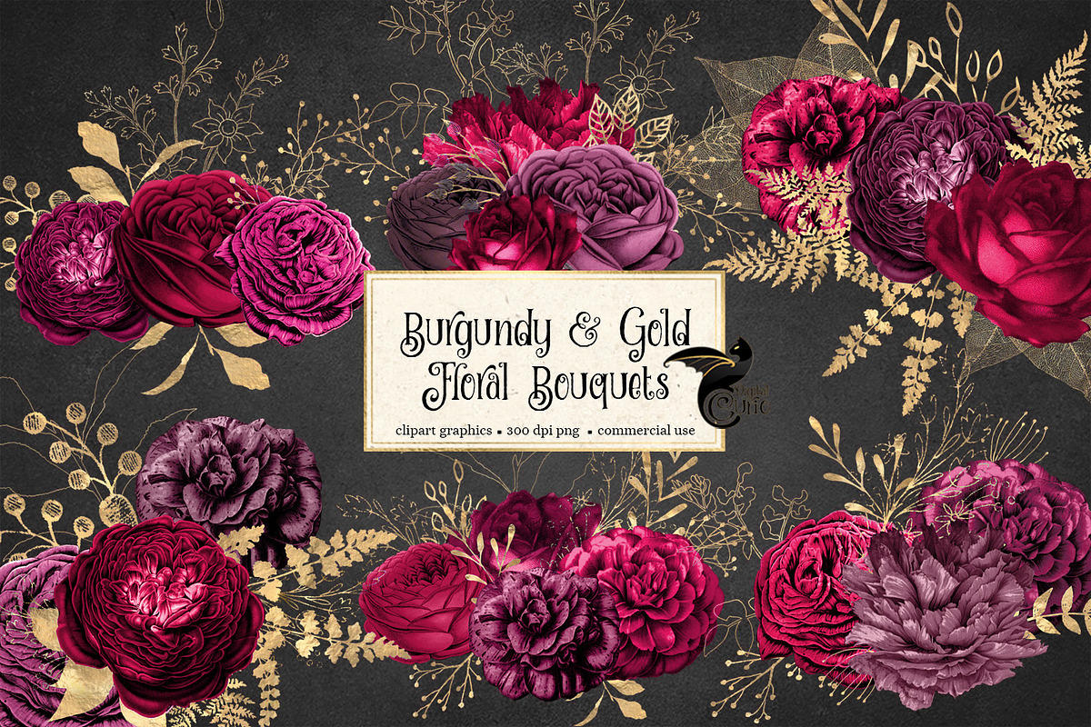 Burgundy and Gold Floral Bouquets in Illustrations - product preview 8