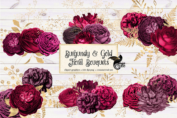 Burgundy and Gold Floral Bouquets in Illustrations - product preview 1