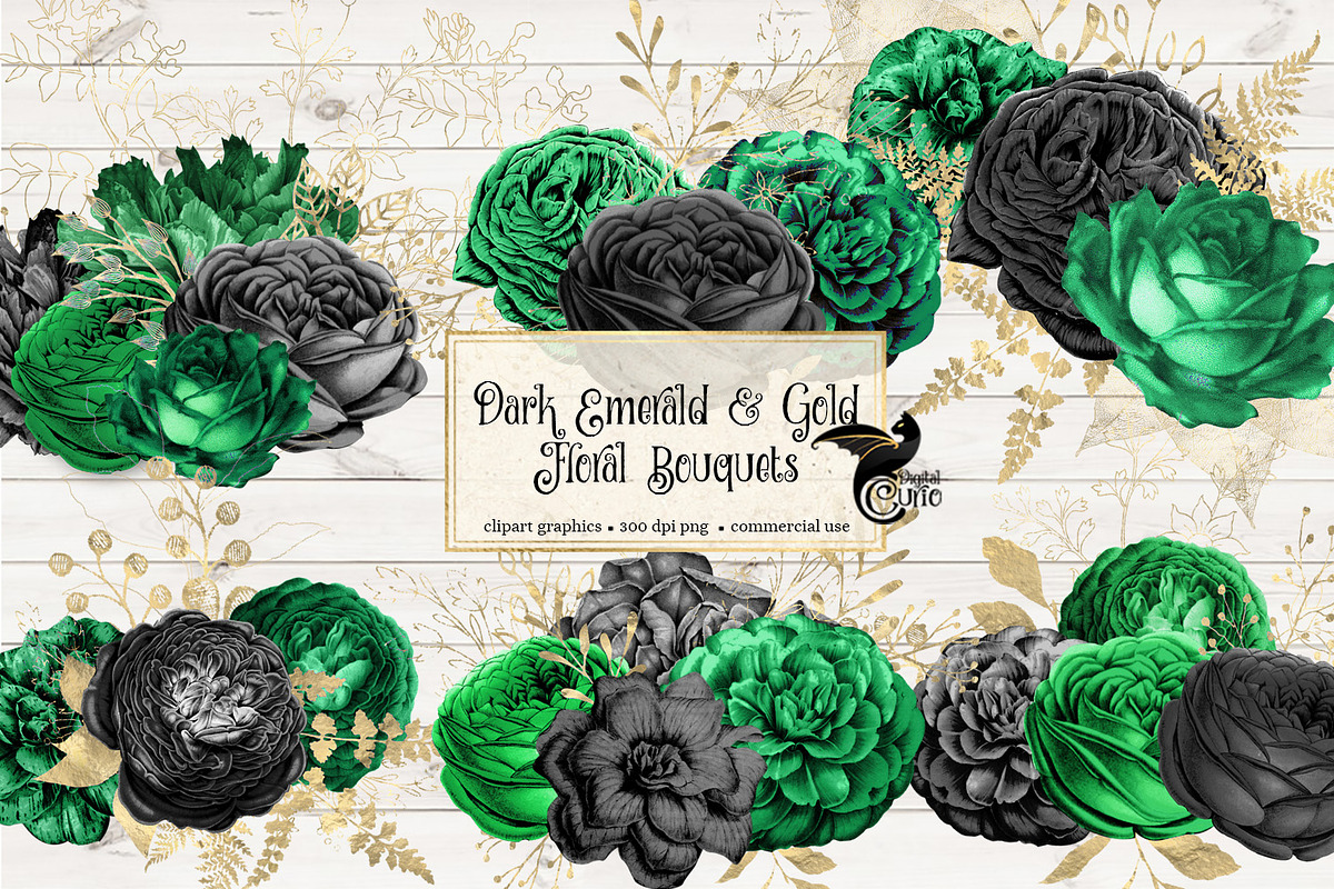 Dark Emerald & Gold Floral Bouquets in Illustrations - product preview 8