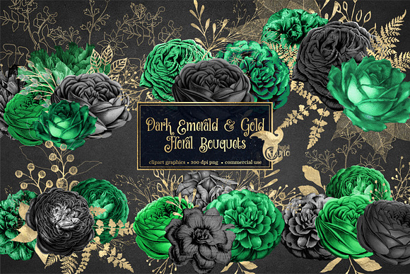 Dark Emerald & Gold Floral Bouquets in Illustrations - product preview 1