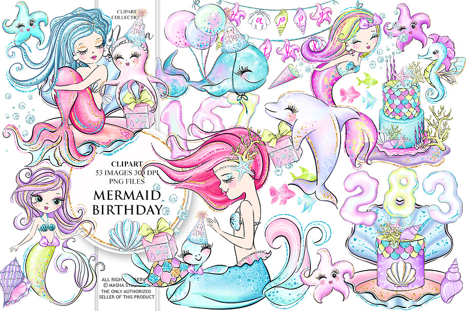MERMAID BIRTHDAY Clipart in Illustrations - product preview 8