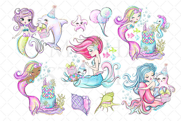MERMAID BIRTHDAY Clipart in Illustrations - product preview 1