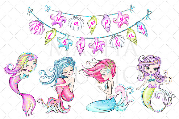 MERMAID BIRTHDAY Clipart in Illustrations - product preview 2