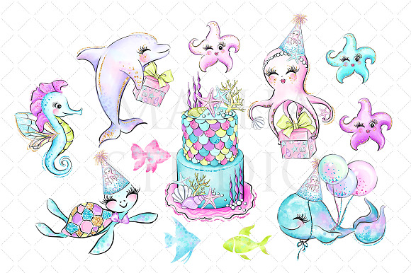 MERMAID BIRTHDAY Clipart in Illustrations - product preview 3