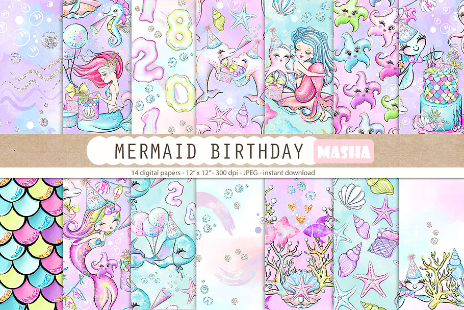BIRTHDAY MERMAID digital papers in Patterns - product preview 8