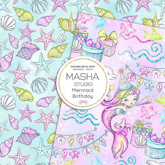 BIRTHDAY MERMAID digital papers in Patterns - product preview 4