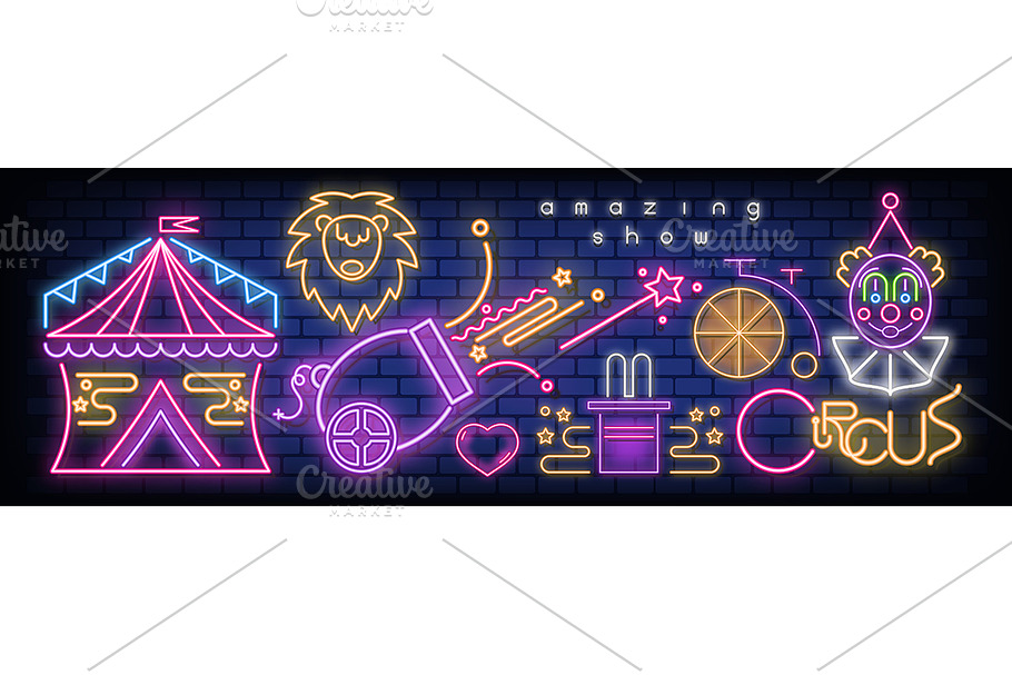 Circus Neon Glowing Icons