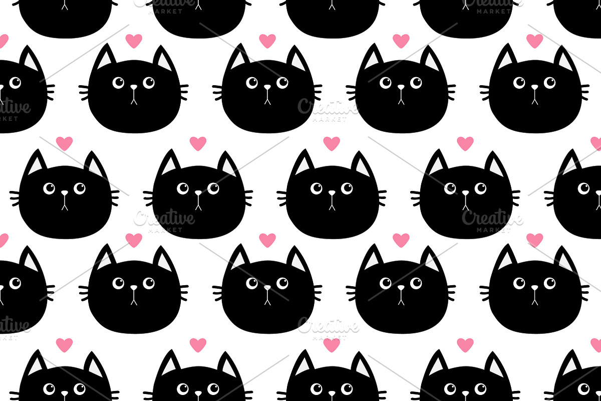 Black cat head  pink heart pattern in Illustrations - product preview 8