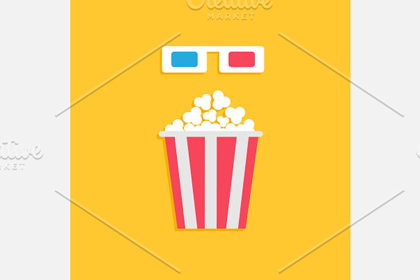 3D paper glasses. Popcorn box.