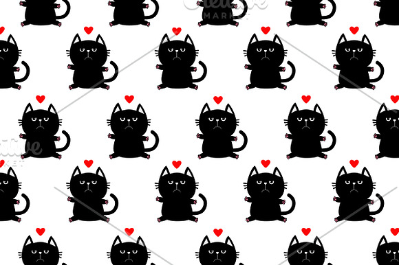 Black cat. Happy and sad. Red heart in Illustrations - product preview 1