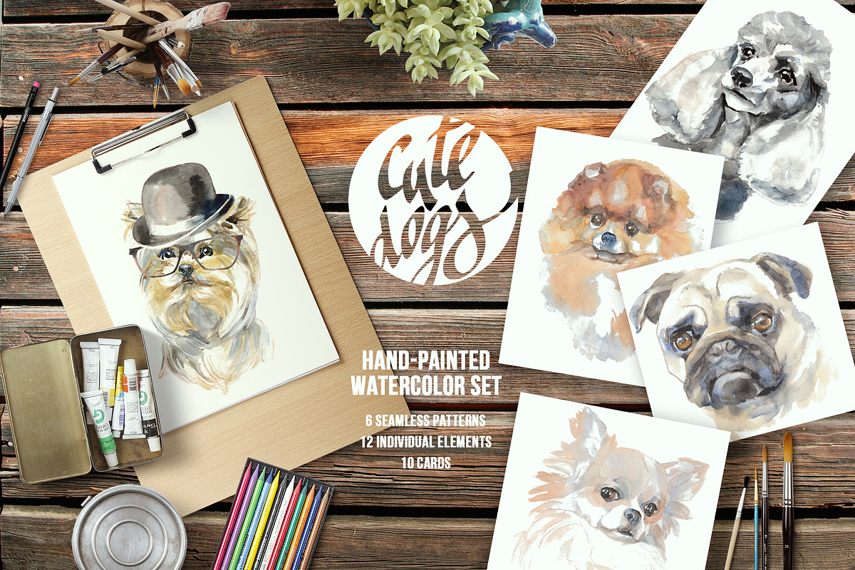 Cute dogs watercolor set in Illustrations - product preview 8