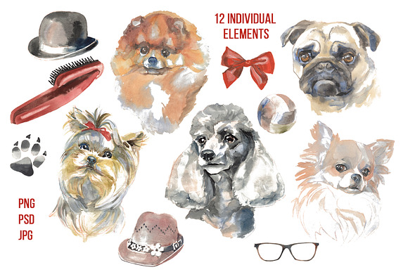 Cute dogs watercolor set in Illustrations - product preview 2