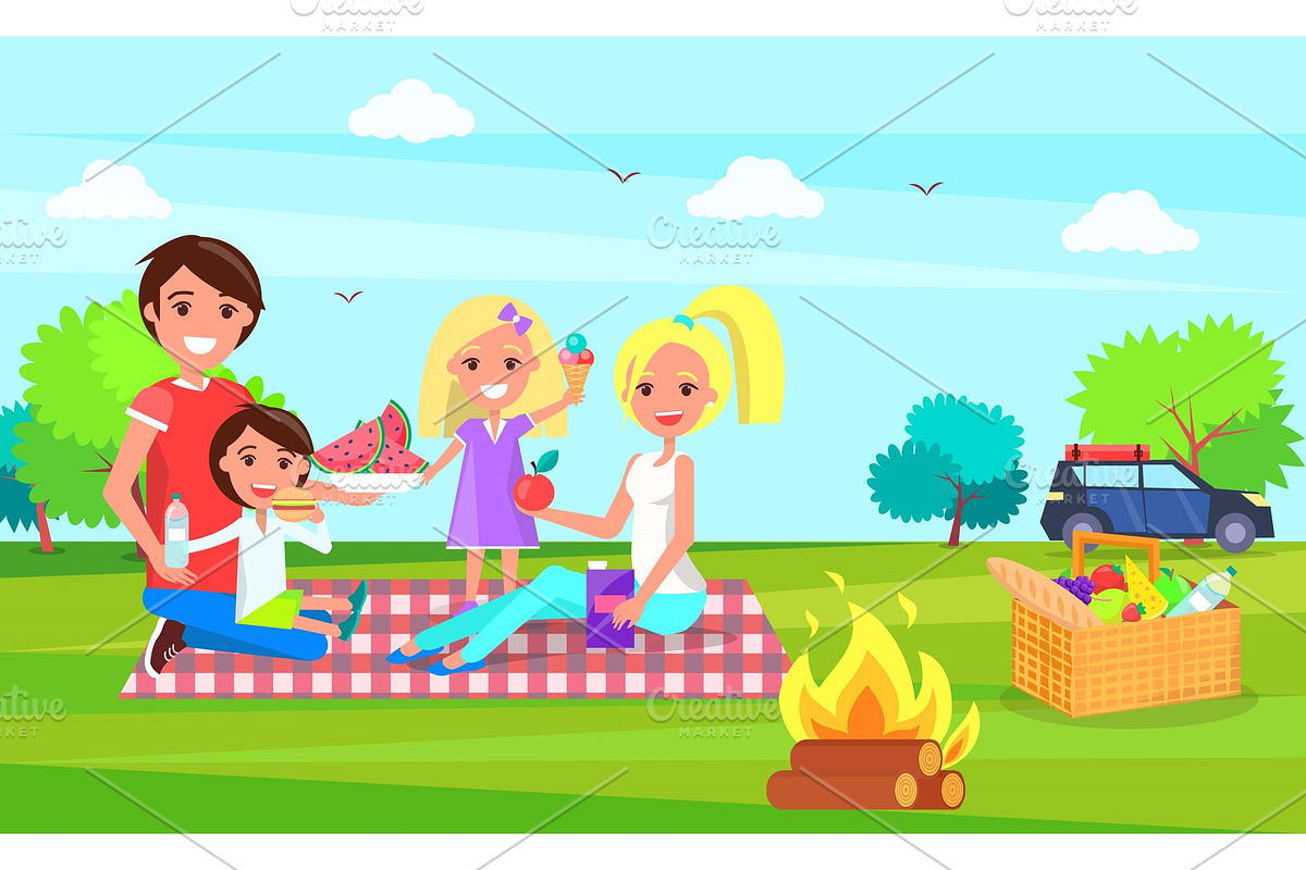 Picnic Family Sitting on Cloth in Illustrations - product preview 8
