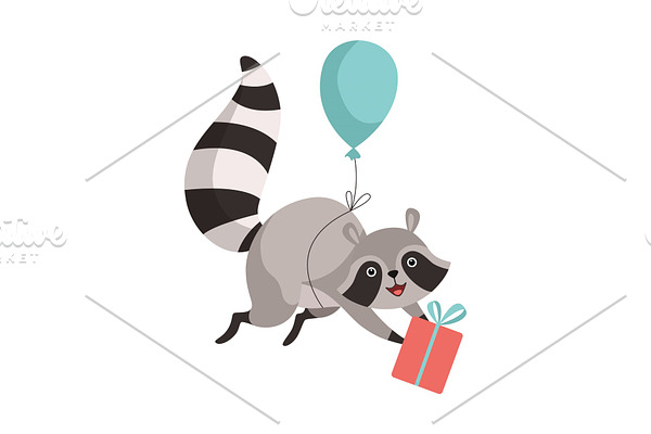 Cute Raccoon Flying with Balloon