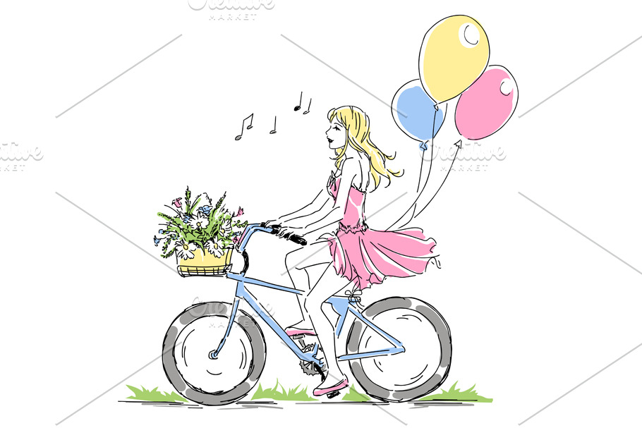 Card with girl riding a bike. Vector