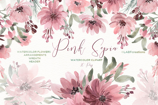 Pink Sepia. Watercolor Flowers