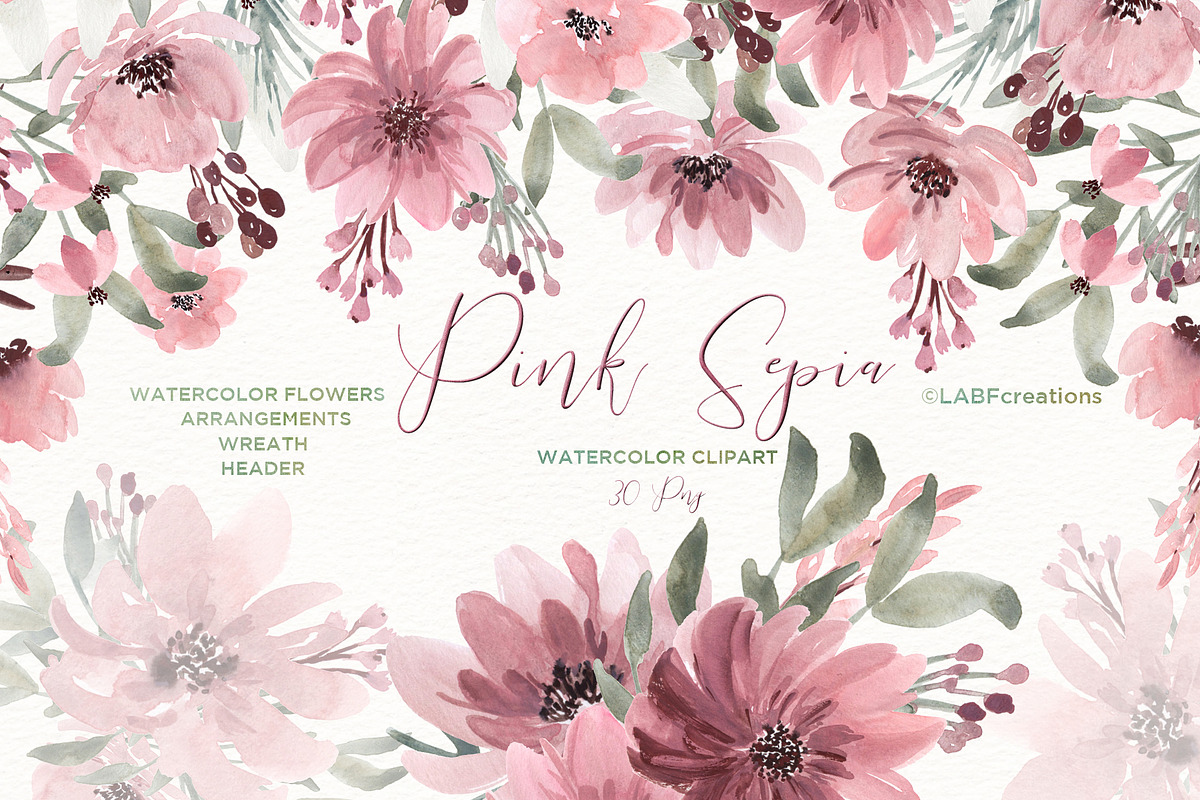Pink Sepia. Watercolor Flowers in Illustrations - product preview 8