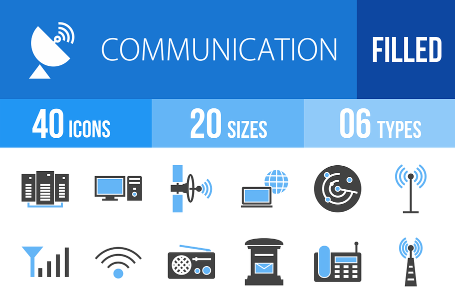 40 Communication Blue & Black Icons
