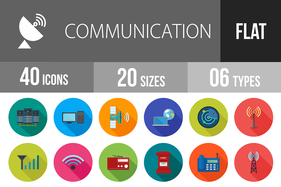 40 Communication Flat Shadowed Icons