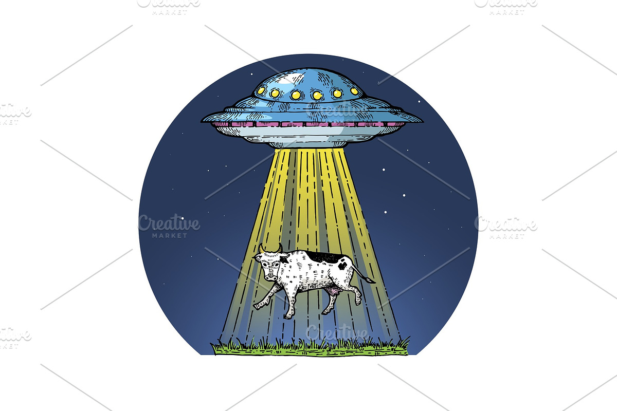 UFO kidnaps the cow color sketch in Illustrations - product preview 8