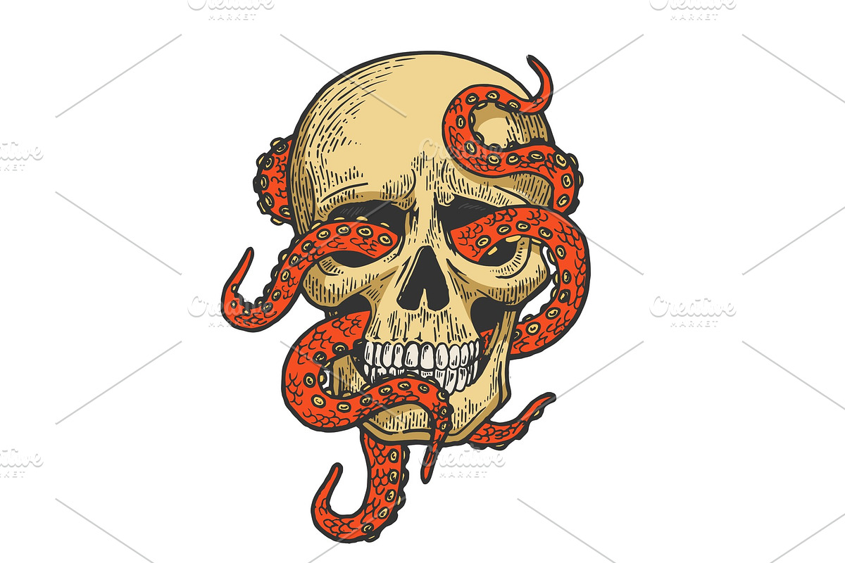 Octopus in human skull color sketch in Illustrations - product preview 8