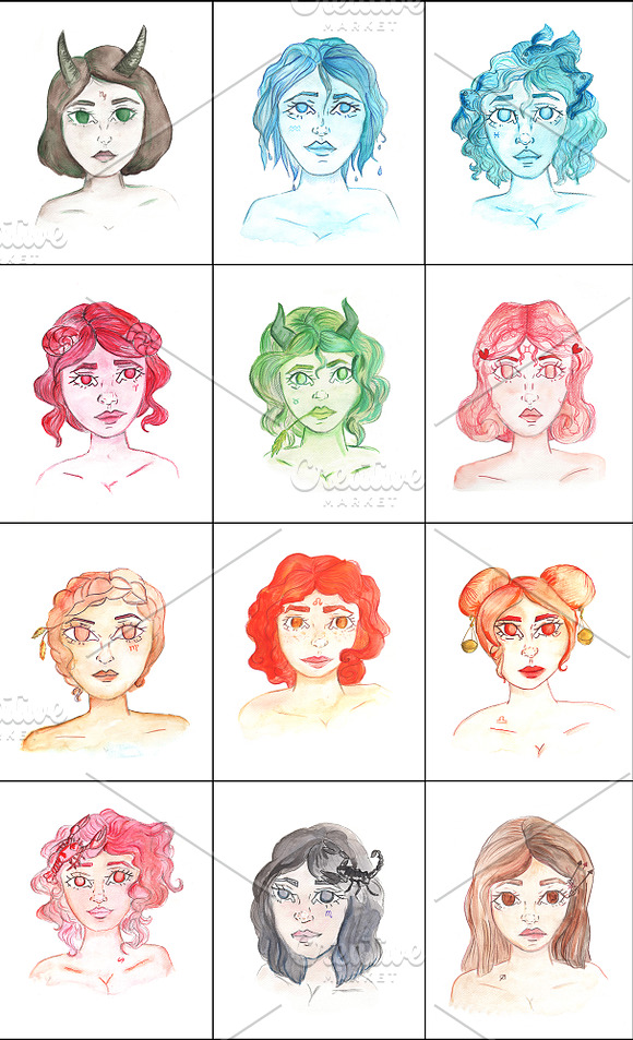 Watercolor Zodiac Girls Set in Illustrations - product preview 2