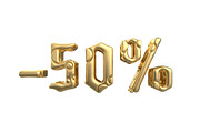 The sign -50off. Made of gold metal