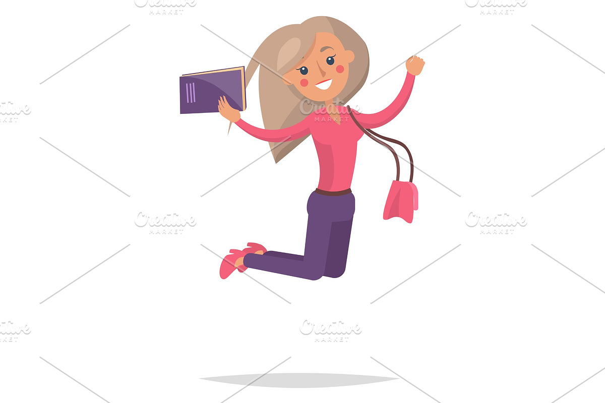 Jumping Blond Girl Student with Book in Illustrations - product preview 8