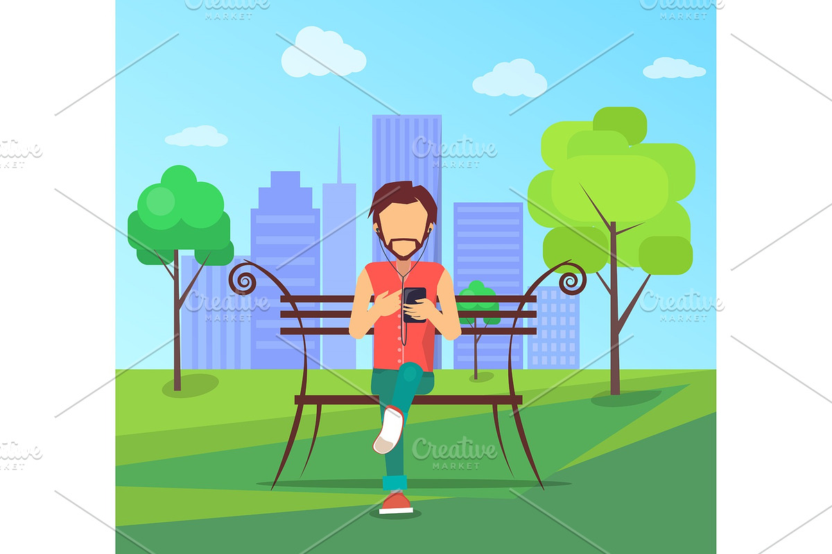 Man Sits on Bench in City Park with in Illustrations - product preview 8