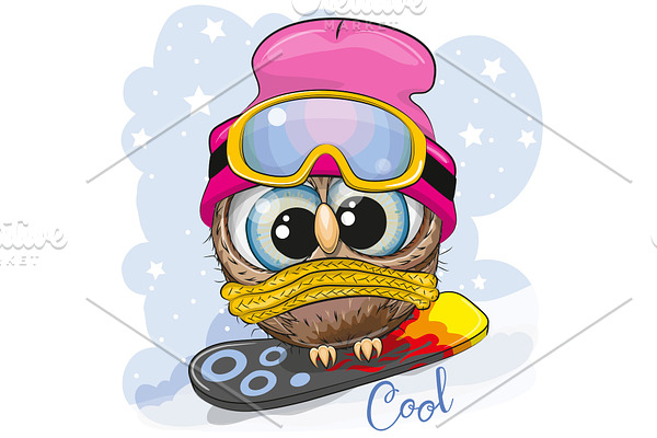 Cute cartoon Owl on a snowboard