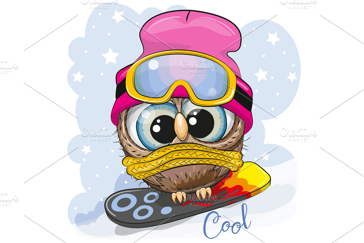 Cute cartoon Owl on a snowboard in Illustrations - product preview 8