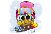 Cute cartoon Owl on a snowboard