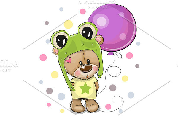 Cute Cartoon Teddy Bear with Balloon