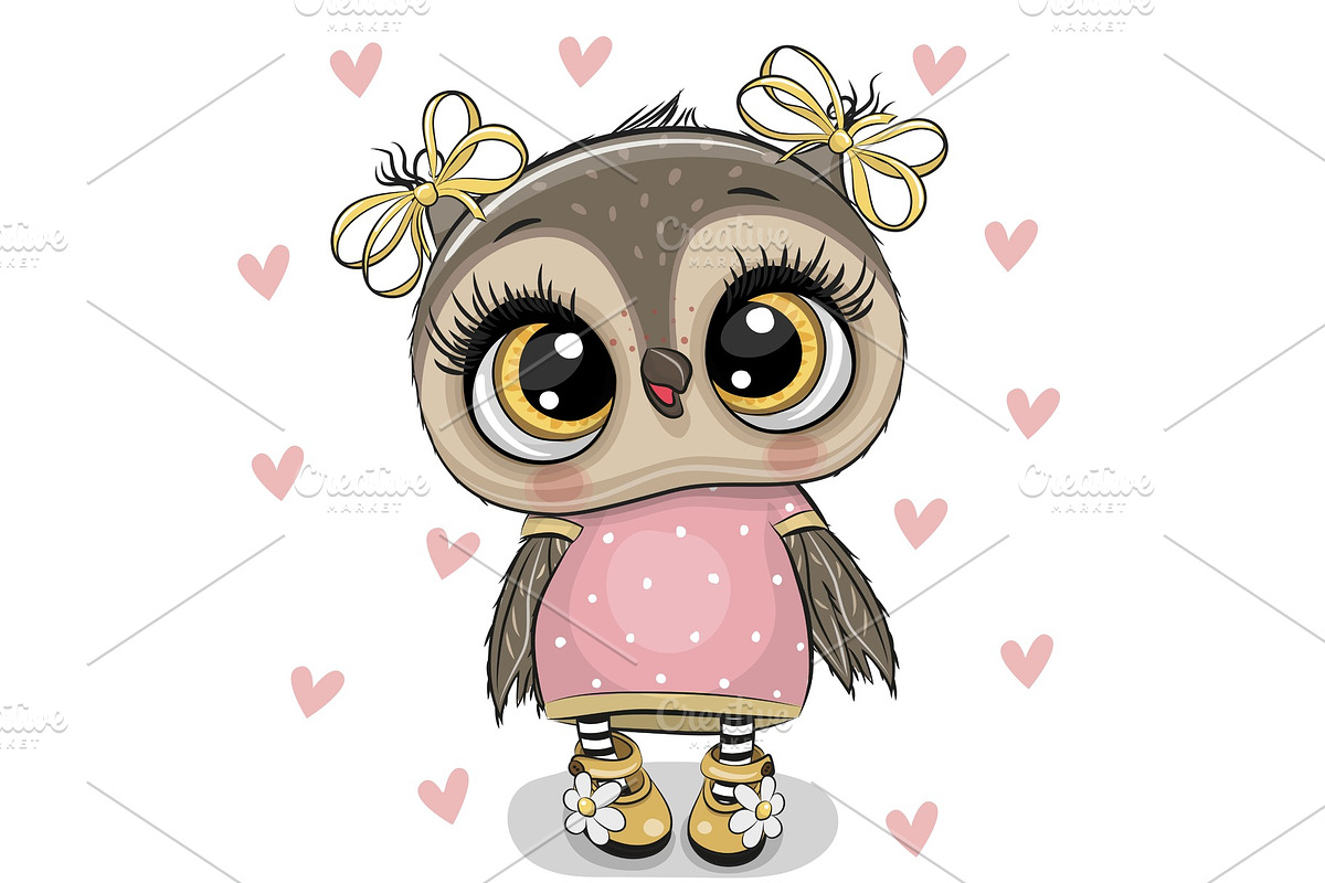Cartoon Owl on a hearts background in Illustrations - product preview 8