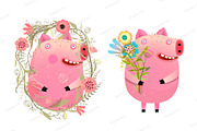 Piggy Pig in Flowers Cartoon