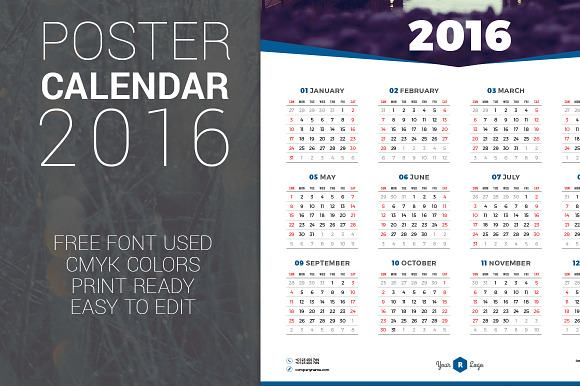 Poster Calendar 2016 in Stationery Templates - product preview 2