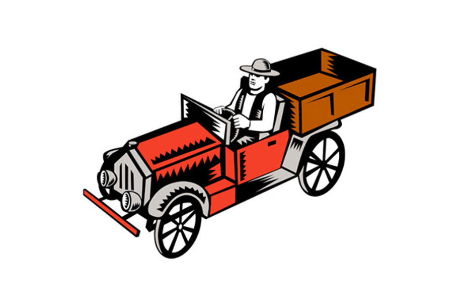 Vintage Pick Up Truck Driver Woodcut