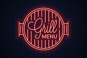 Grill menu neon logo. BBQ grill neon