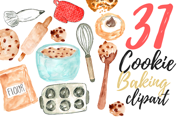31 Watercolor Cookie Baking Clipart