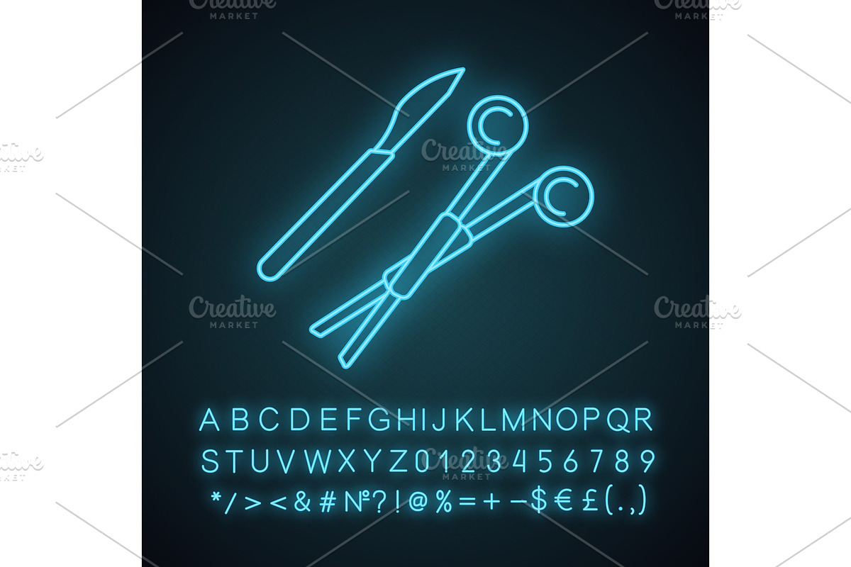 Surgical scalpel and clamp neon icon in Icons - product preview 8