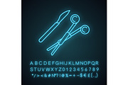 Surgical scalpel and clamp neon icon
