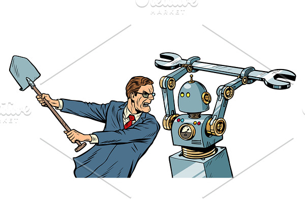 man fights with a robot