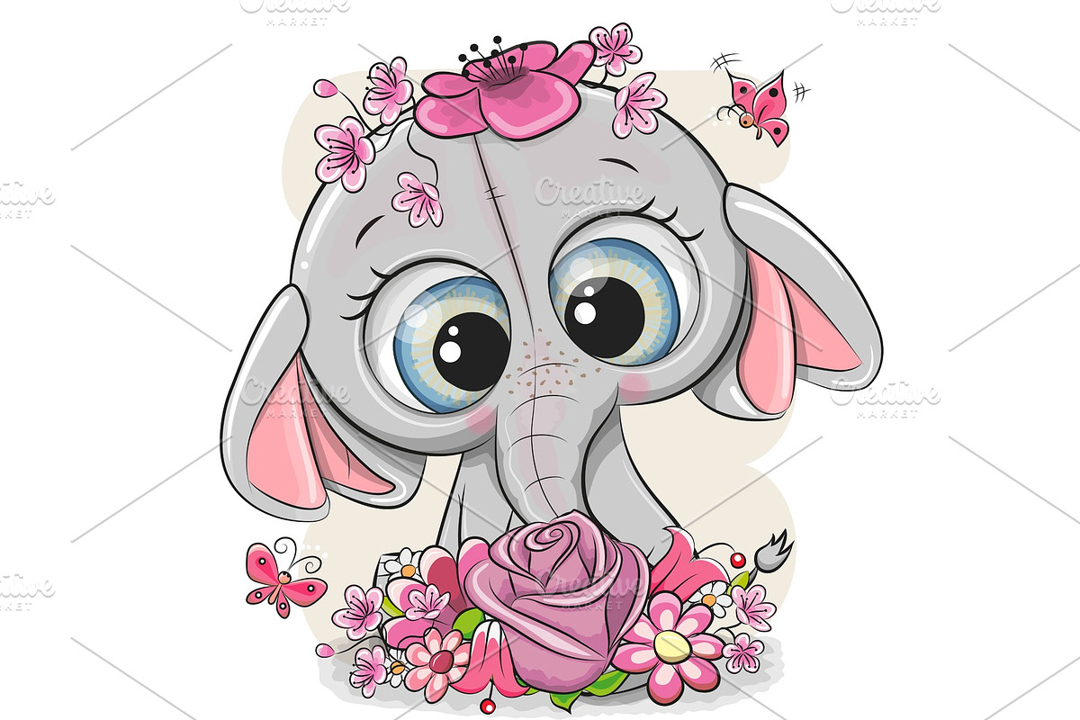 Cartoon Elephant with flowers in Illustrations - product preview 8