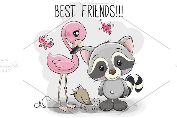 Cartoon Raccoon and Flamingo