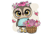 Cartoon Owl with flowers